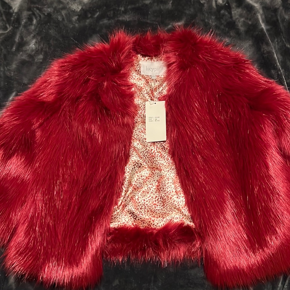 Lucy Paris red faux fur coat